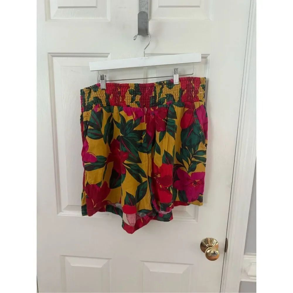 C&C California Mustard & Fuchsia Floral Elastic Waist Linen Blend Shorts sz 2X E